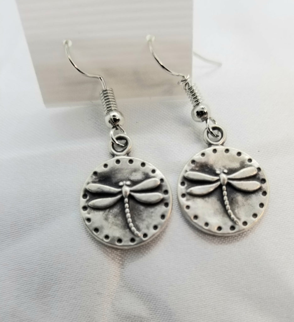 Dragonfly pierced earrings, silver disc, hypoallergenic - Kpughdesigns