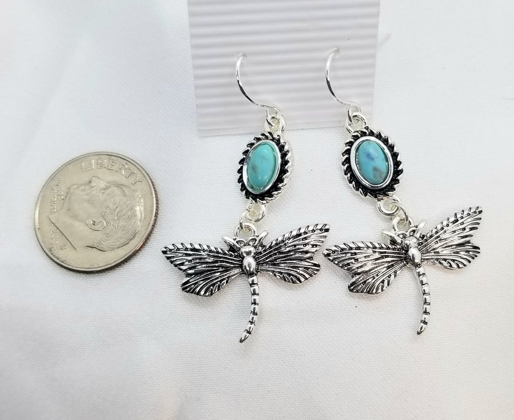 Dragonfly earrings with turquoise accent,  pierced - Kpughdesigns