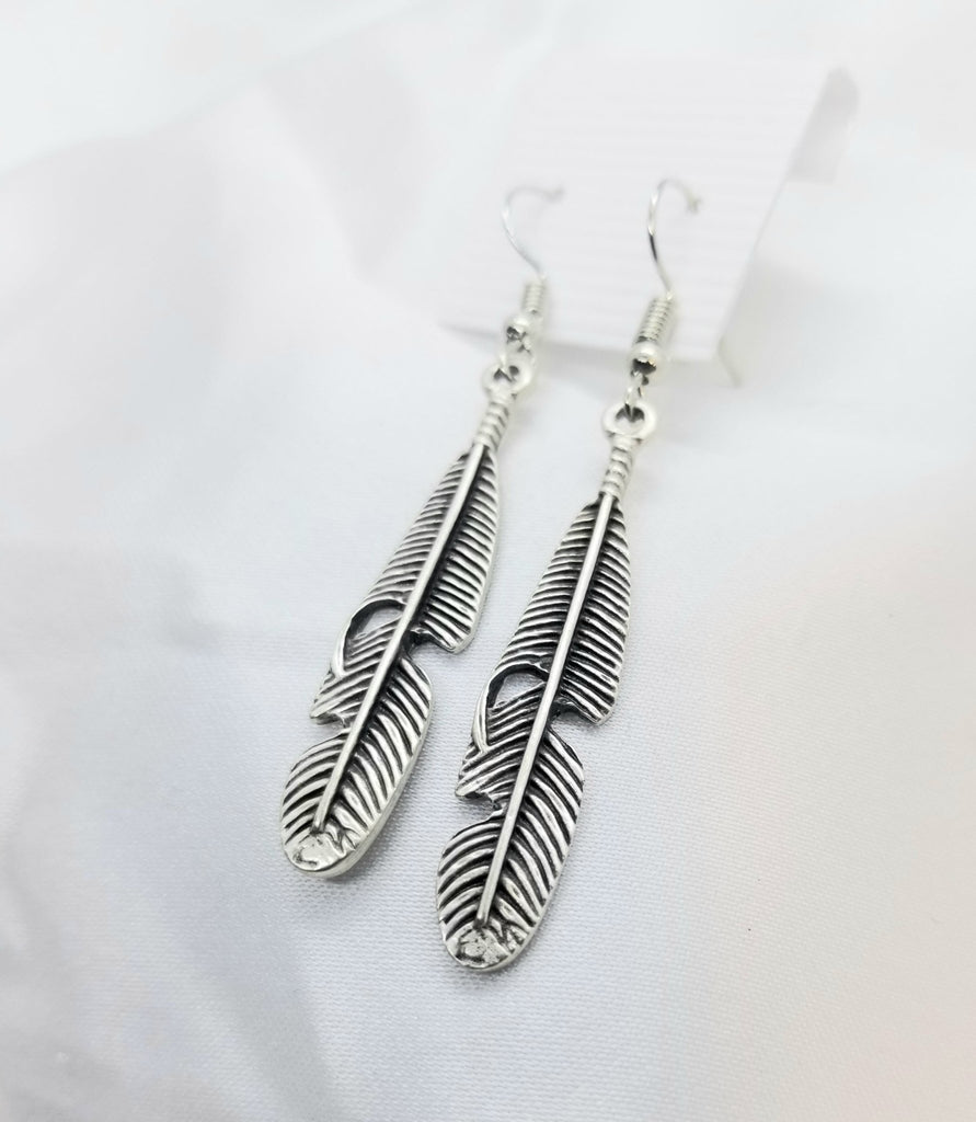 Feather earrings, silver, antique finish,  pierced, hypoallergenic - Kpughdesigns