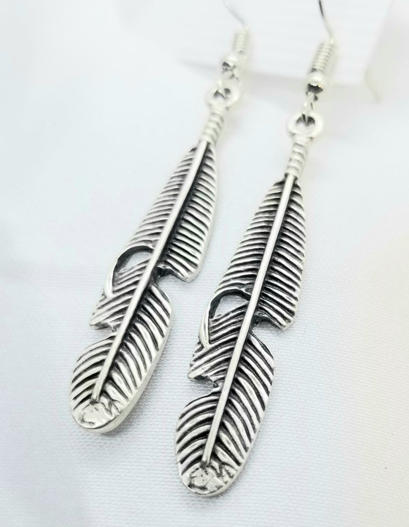 Feather earrings, silver, antique finish,  pierced, hypoallergenic - Kpughdesigns