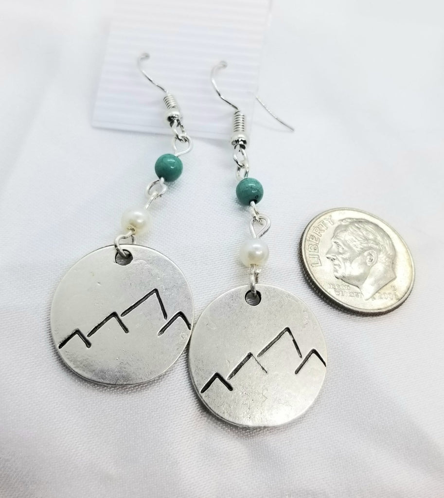 Mountain design stamped disc earrings, turquoise bead and pearl, pierced - Kpughdesigns