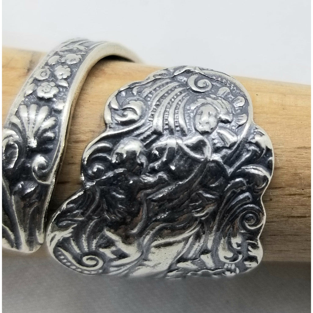 Spoon ring, ornate, angel with scroll,  wrap ring, silver - Kpughdesigns