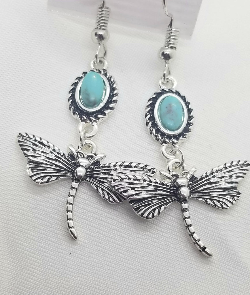 Dragonfly earrings with turquoise accent,  pierced - Kpughdesigns