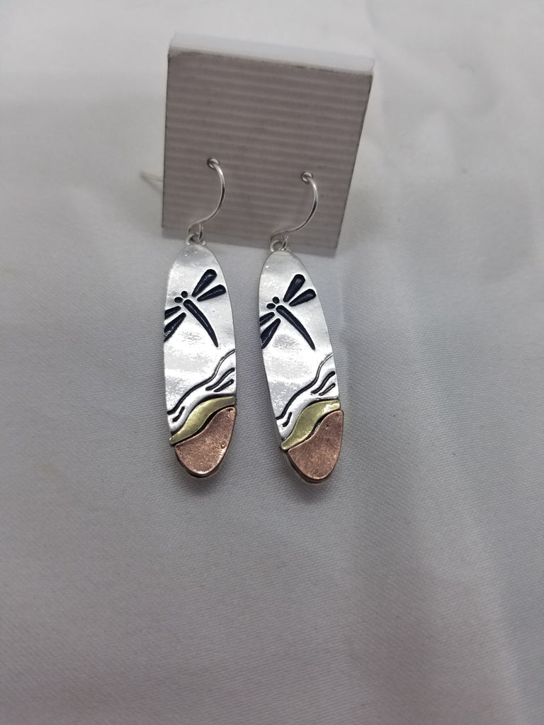 Earrings, dragonfly on silver with bronze and copper accents - Kpughdesigns