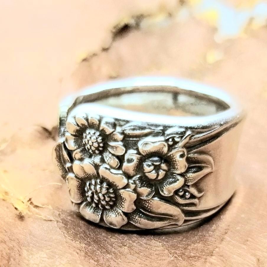 Spoon ring, April silverware, sunflowers, vintage, upcycled floral - Kpughdesigns