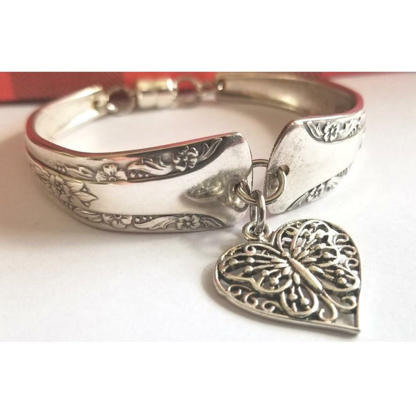 Bracelet, Butterfly Heart Charm, Magnetic Clasp, Vintage Spoons, Cuff Style