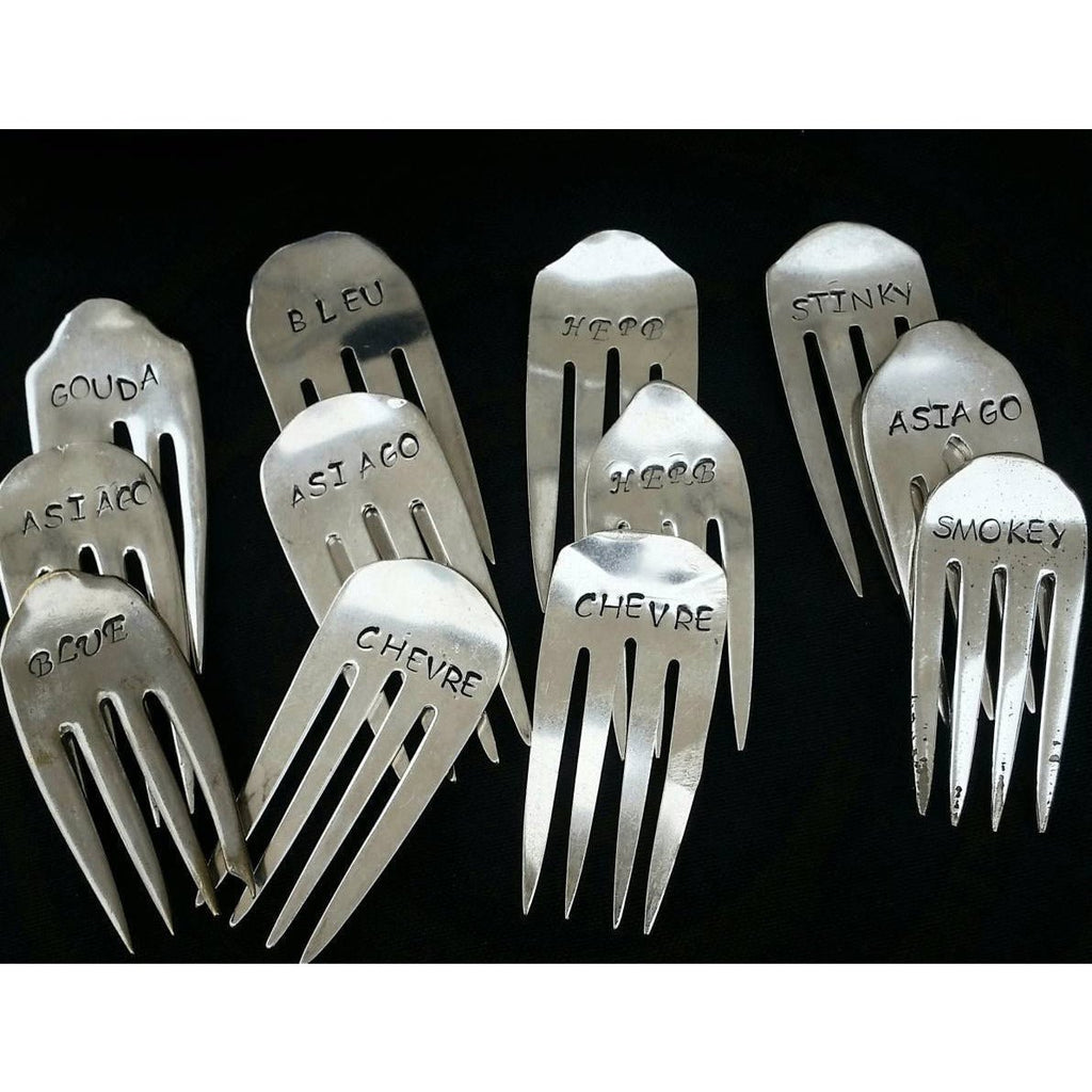 Cheese markers, upcycled vintage fork labels, handstamped signs for cheese - Kpughdesigns