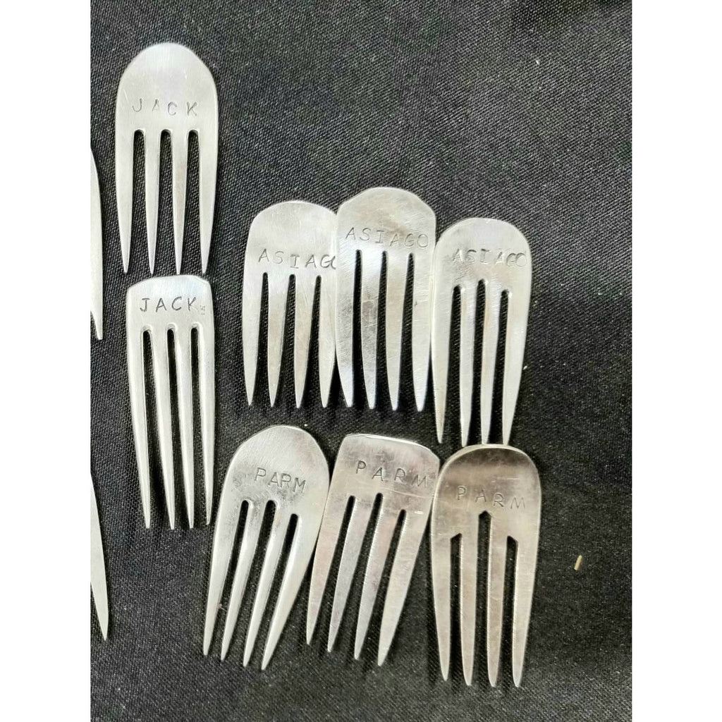 Cheese markers, upcycled vintage fork labels, handstamped signs for cheese - Kpughdesigns