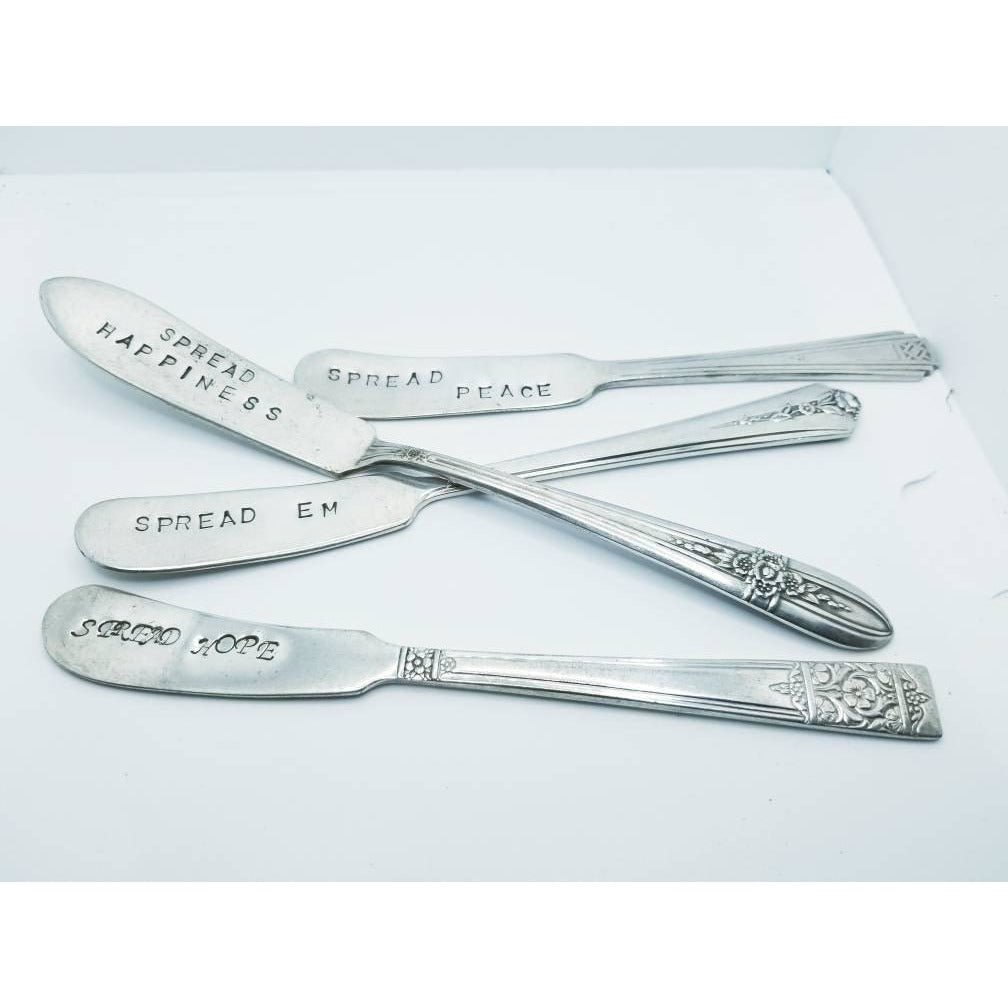 Cheese spreader, hand stamped, upcycled knife, vintage silverware - Kpughdesigns