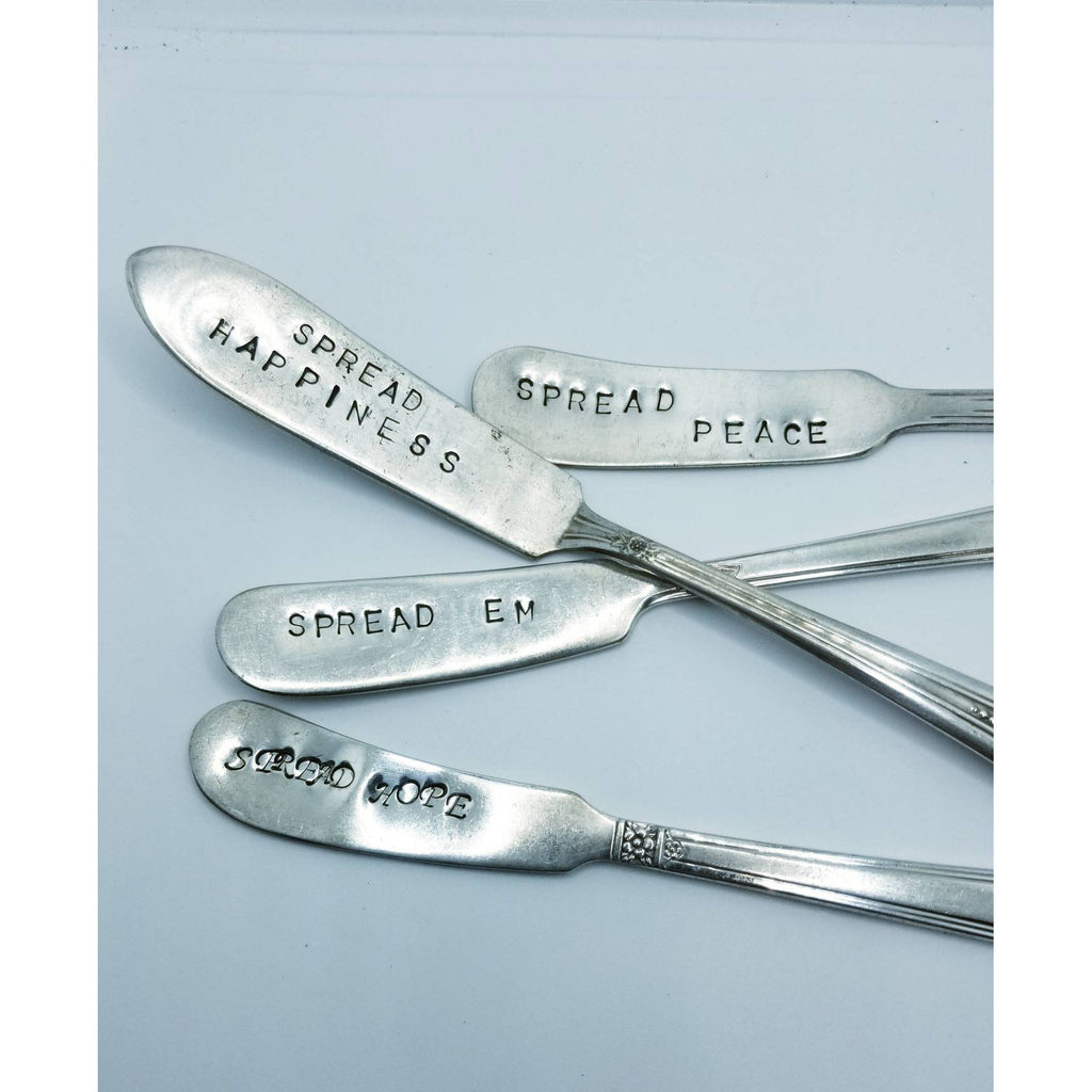 Cheese spreader, hand stamped, upcycled knife, vintage silverware - Kpughdesigns
