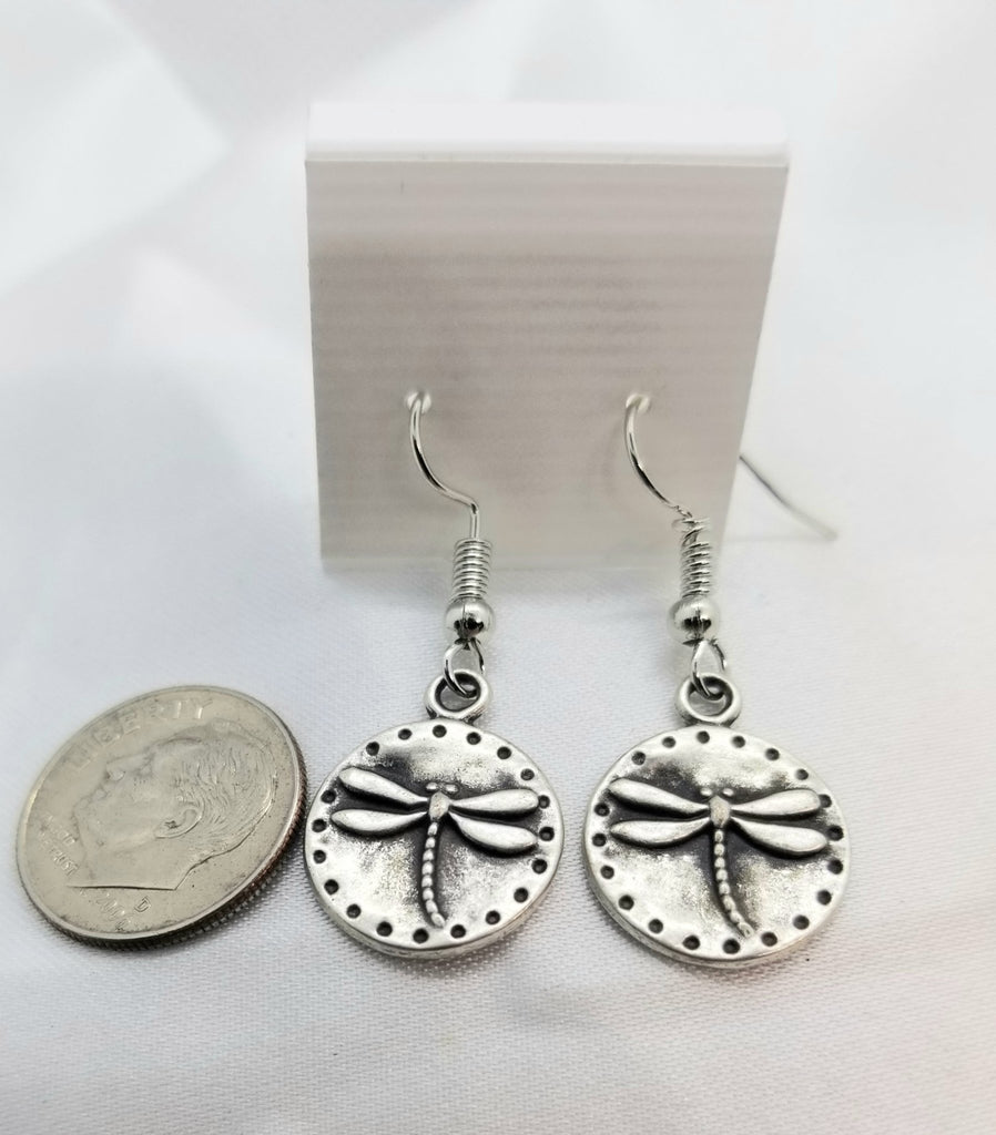Dragonfly pierced earrings, silver disc, hypoallergenic - Kpughdesigns