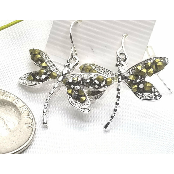 Dragonfly earrings, pierced, Amber crystals, dragonflies, dangle - Kpughdesigns