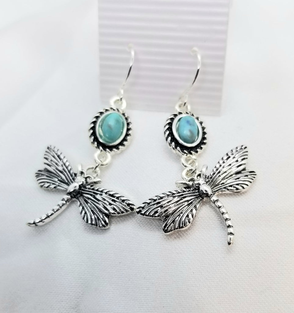 Dragonfly earrings with turquoise accent,  pierced - Kpughdesigns