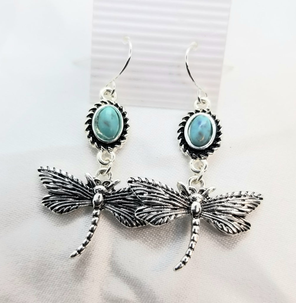 Dragonfly earrings with turquoise accent,  pierced - Kpughdesigns