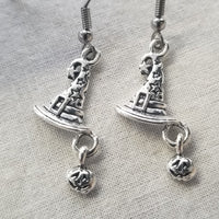Earrings, pierced, witch hat with pumpkin,  halloween, seasonal - Kpughdesigns