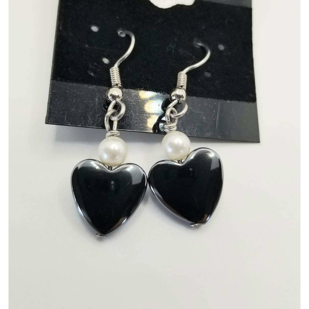 Heart earrings, pierced, dangle, hematite, pearl, hypoallergenic wires. - Kpughdesigns
