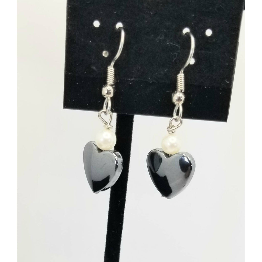 Heart earrings, pierced, dangle, hematite, pearl, hypoallergenic wires. - Kpughdesigns