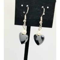 Heart earrings, pierced, dangle, hematite, pearl, hypoallergenic wires. - Kpughdesigns