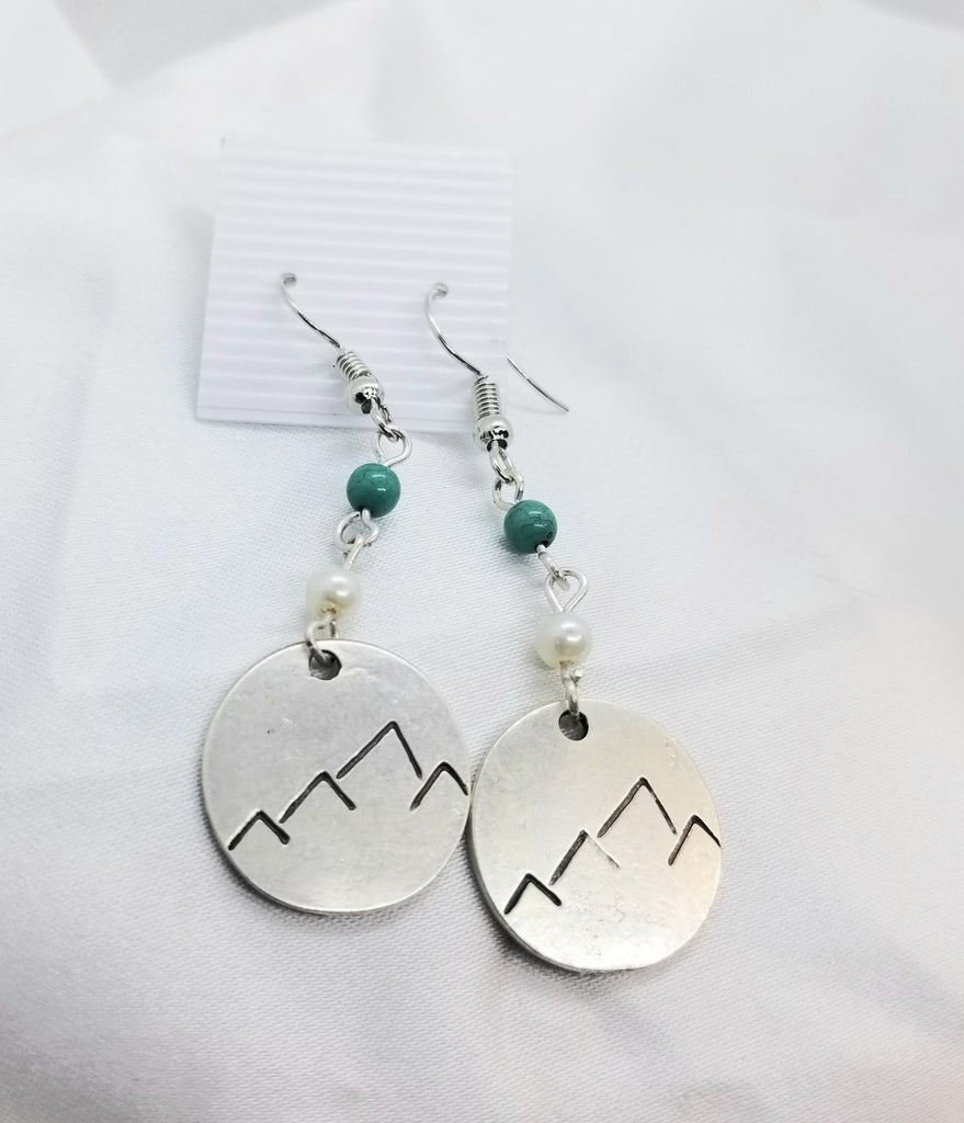 Mountain design stamped disc earrings, turquoise bead and pearl, pierced - Kpughdesigns