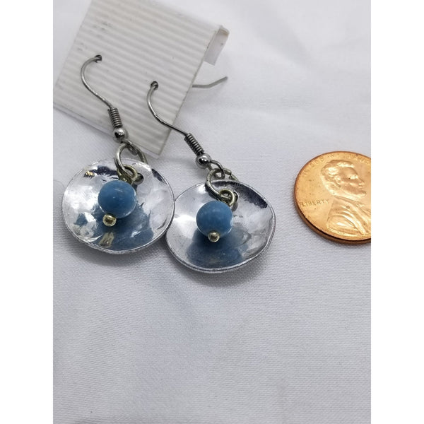 Silver disc earrings, Larimar bead on silver hammered disc - Kpughdesigns