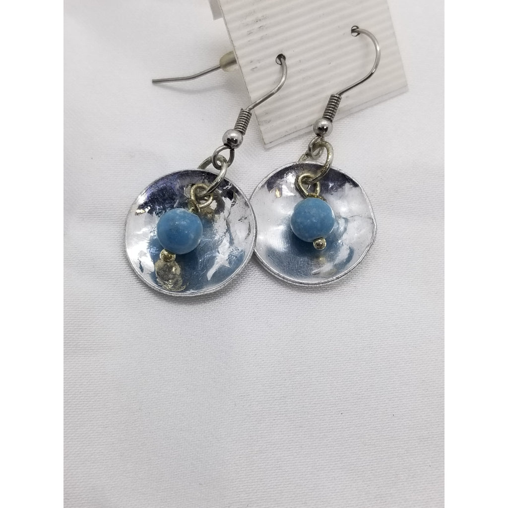 Earrings, silver hammered discs, with a Larimar bead accent. Pierced, hypoallergenic - Kpughdesigns