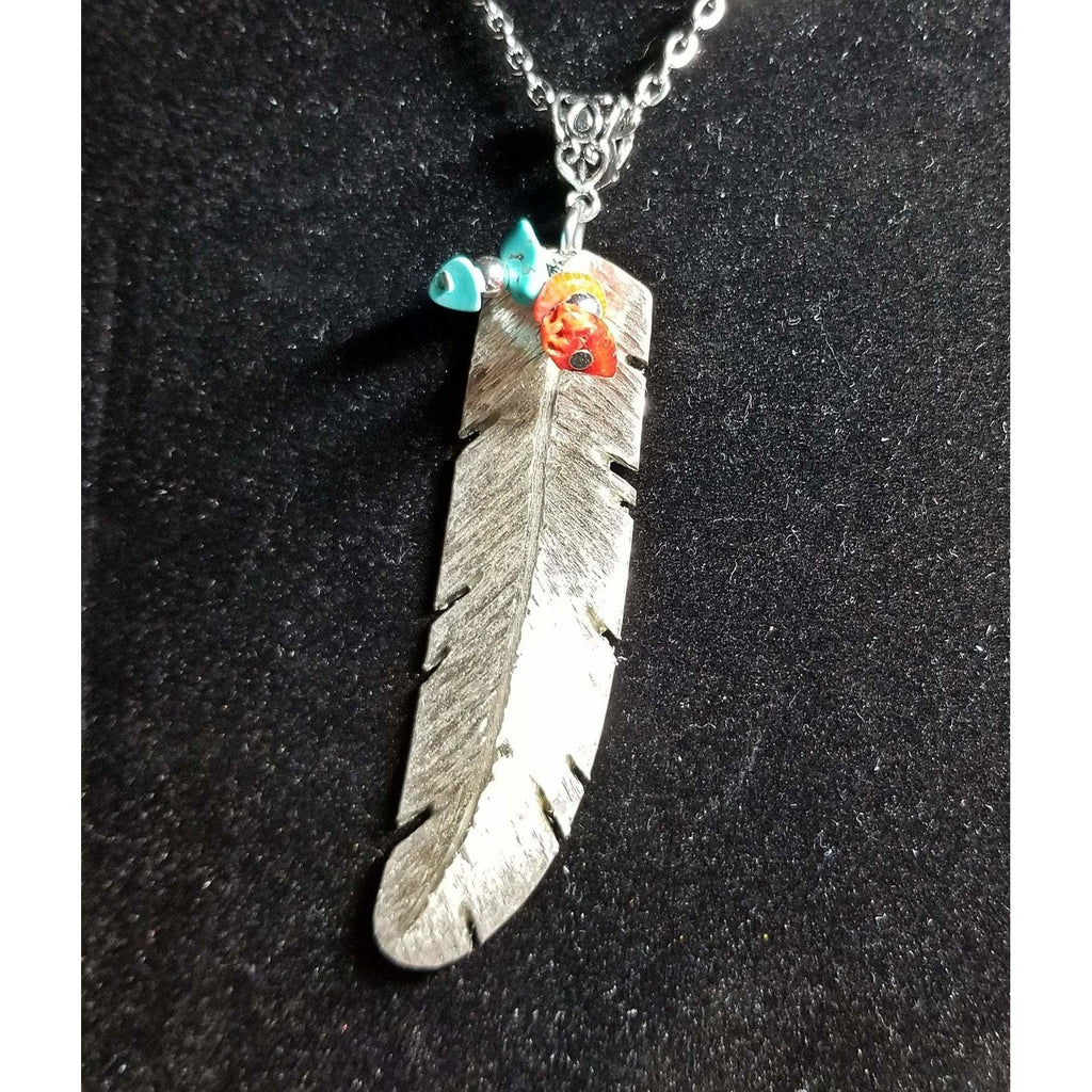 Silver feather necklace, handcut design, silver, turquoise beads, coral beads, southwestern - Kpughdesigns