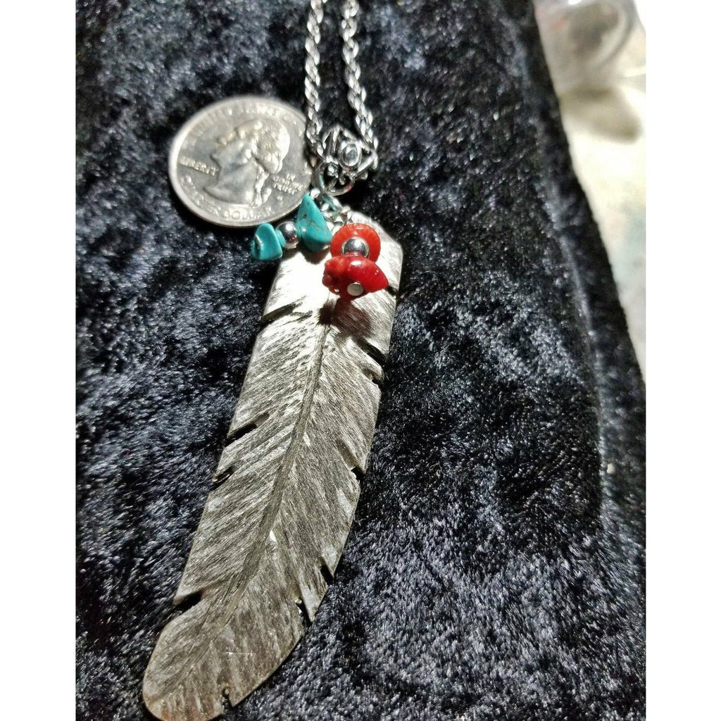 Silver feather necklace, handcut design, silver, turquoise beads, coral beads, southwestern - Kpughdesigns