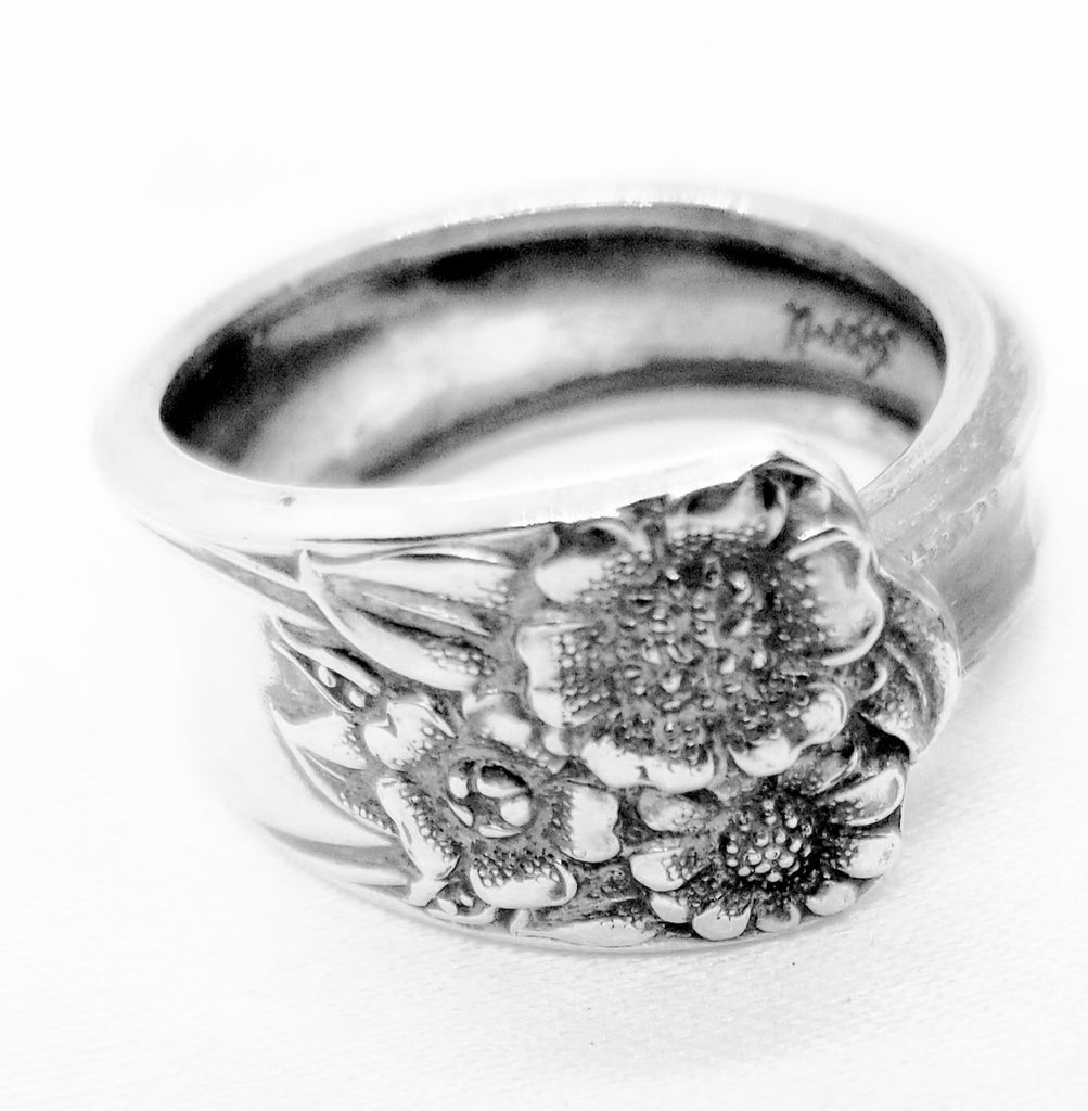 Spoon ring, April silverware, sunflowers, vintage, upcycled floral - Kpughdesigns