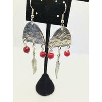 Southwestern earrings, upcycled spoons, dangle, coral, feathers, hammered, pierced, gift - Kpughdesigns