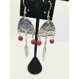 Southwestern earrings, upcycled spoons, dangle, coral, feathers, hammered, pierced, gift - Kpughdesigns