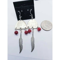 Southwestern earrings, upcycled spoons, dangle, coral, feathers, hammered, pierced, gift - Kpughdesigns