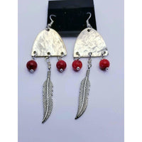 Southwestern earrings, upcycled spoons, dangle, coral, feathers, hammered, pierced, gift - Kpughdesigns