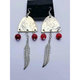 Southwestern earrings, upcycled spoons, dangle, coral, feathers, hammered, pierced, gift - Kpughdesigns
