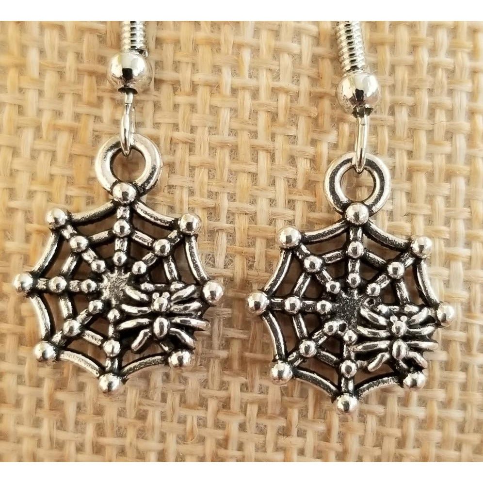 Spider web with spider earrings, silver, halloween, pierced - Kpughdesigns