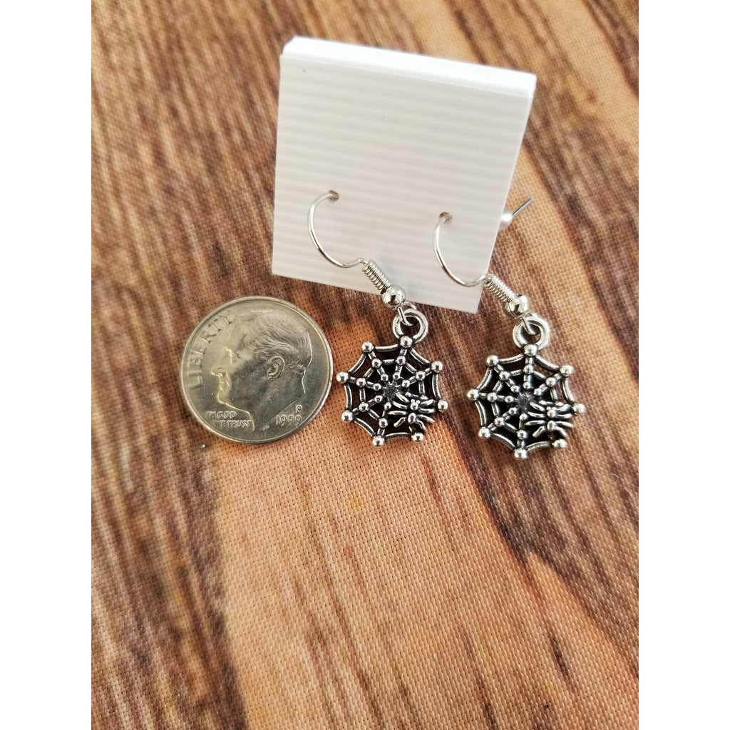 Spider web with spider earrings, silver, halloween, pierced - Kpughdesigns