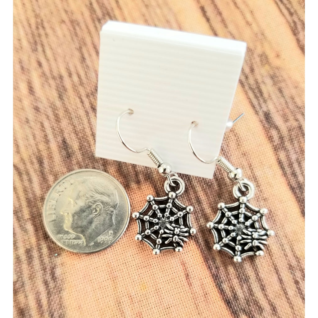 Spider web with spider earrings, silver, halloween, pierced - Kpughdesigns