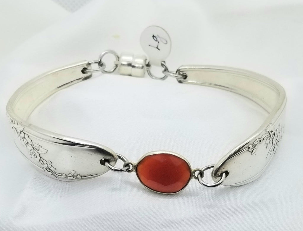Spoon bracelet, vintage silverware,  natural ruby center stone, size large - Kpughdesigns