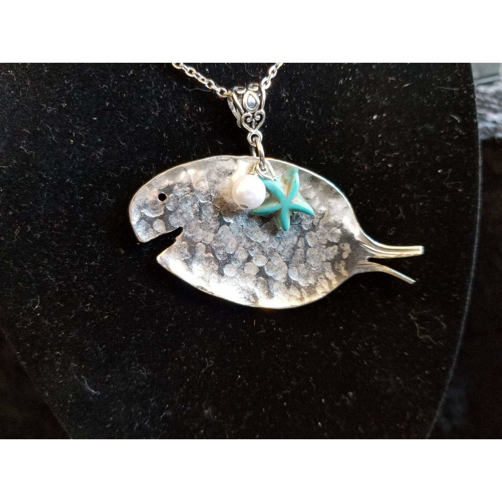 Spoon fish necklace, hammered spoon fish, unisex necklace, turquoise, pearl, - Kpughdesigns