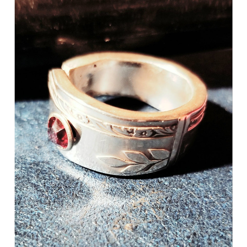 Spoon ring, birthstone ring, garnet, January, crystal, upcycled silverware - Kpughdesigns