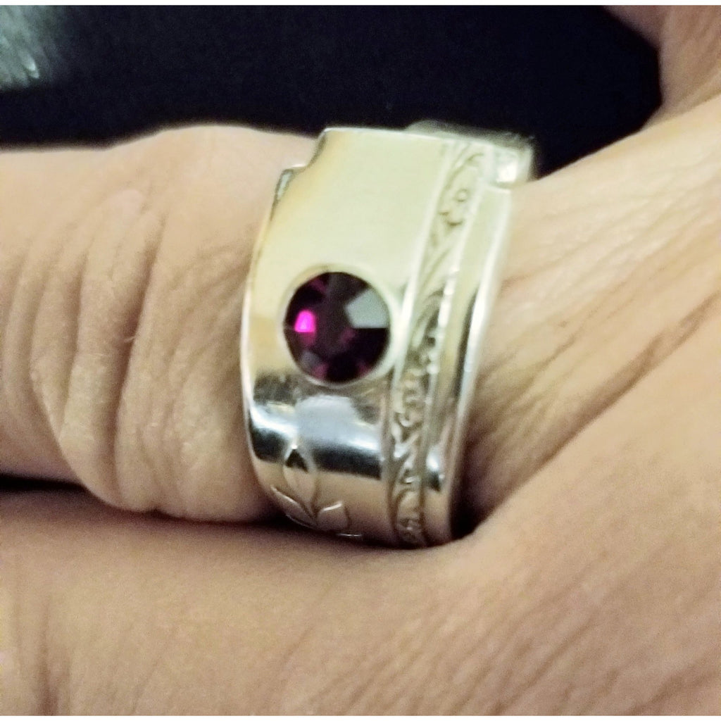Spoon ring, birthstone ring, garnet, January, crystal, upcycled silverware - Kpughdesigns