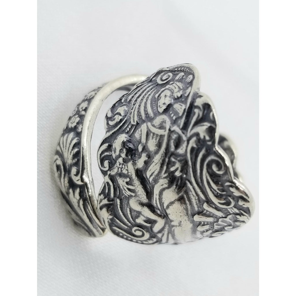 Spoon ring, ornate, angel with scroll,  wrap ring, silver - Kpughdesigns