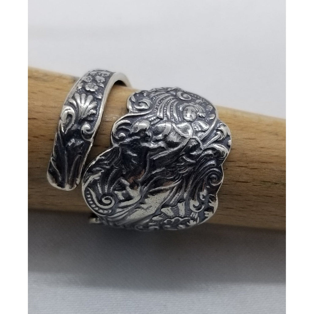 Spoon ring, ornate, angel with scroll,  wrap ring, silver - Kpughdesigns