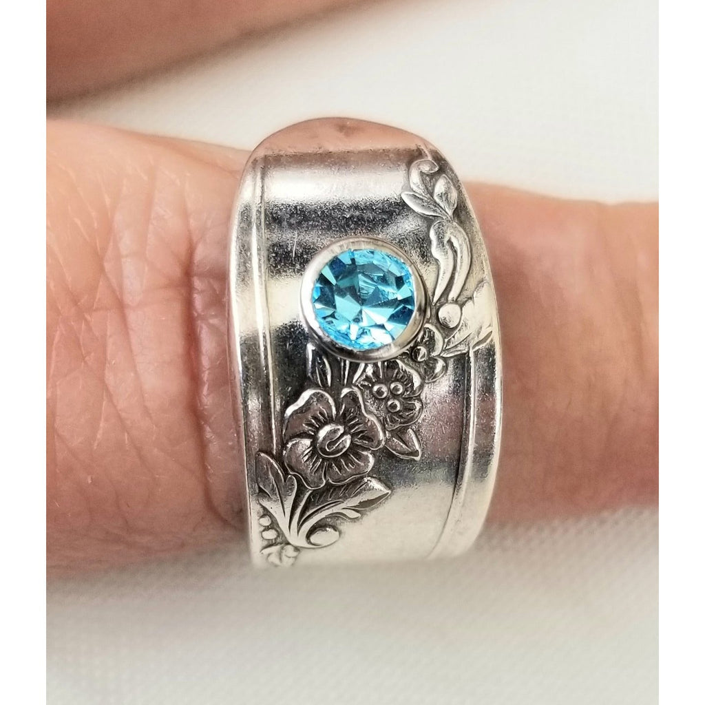 Spoon ring, silverware rings, floral design, Queen Bess, blue, sapphire, birthstone ring, birthday gift, - Kpughdesigns