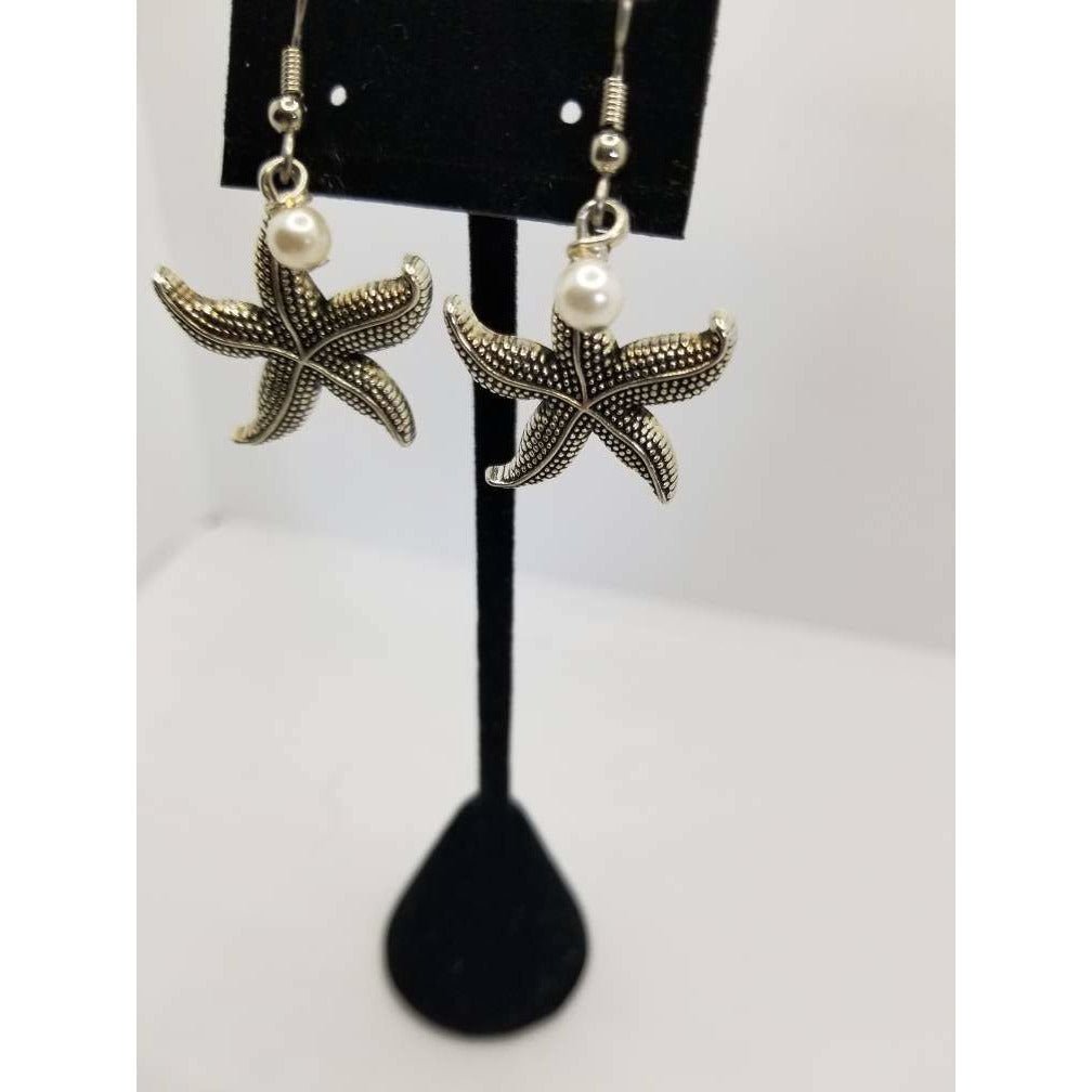Starfish earrings, silver starfish, dangle, pierced,  pearls, ocean, beach, sea - Kpughdesigns