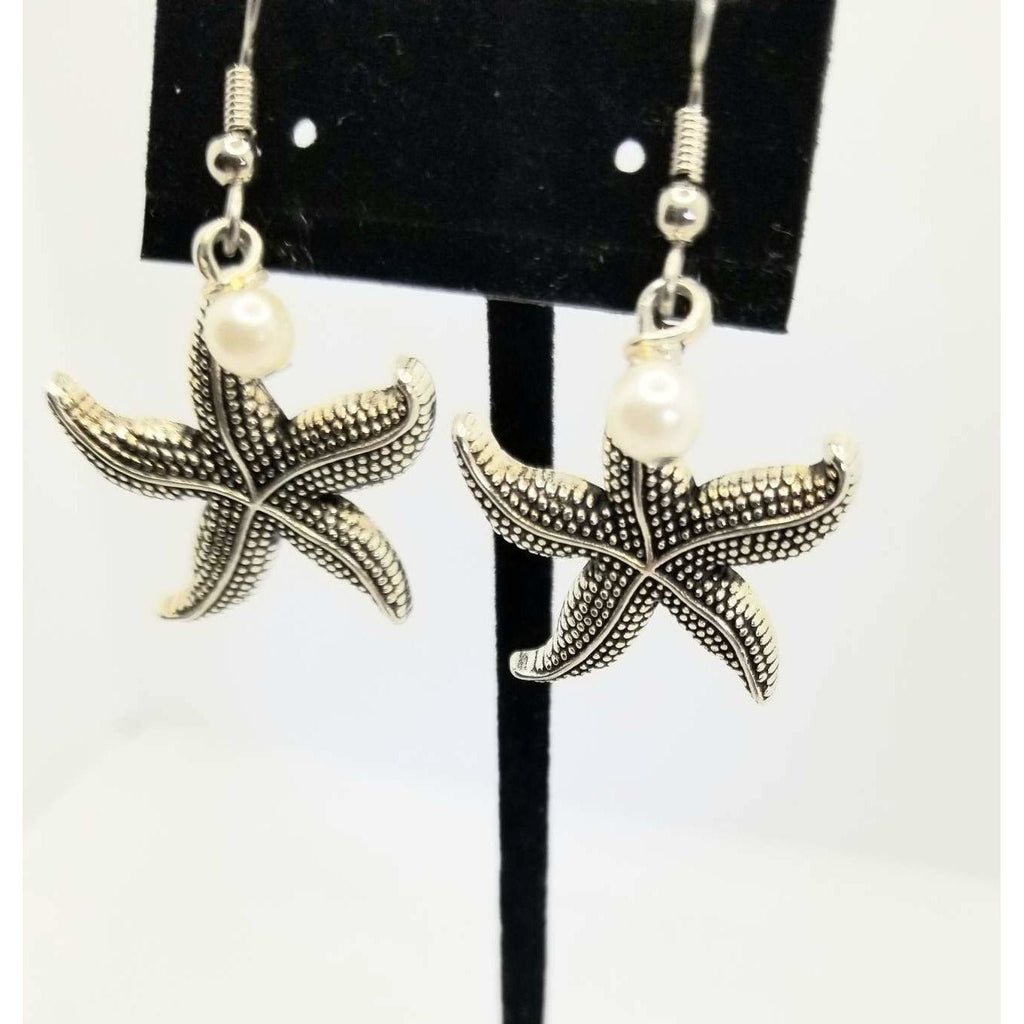 Starfish earrings, silver starfish, dangle, pierced,  pearls, ocean, beach, sea - Kpughdesigns