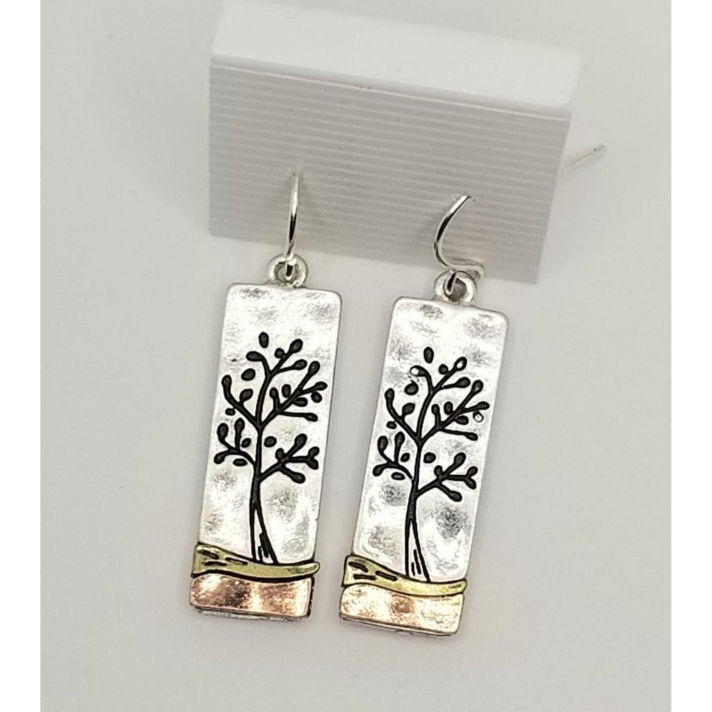 Tree of life earrings, rectangular, silver with bronze highlights,  pierced - Kpughdesigns