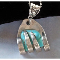 Turquoise necklace, fork grasping stone, upcycled fork, twisted forks, fork art - Kpughdesigns